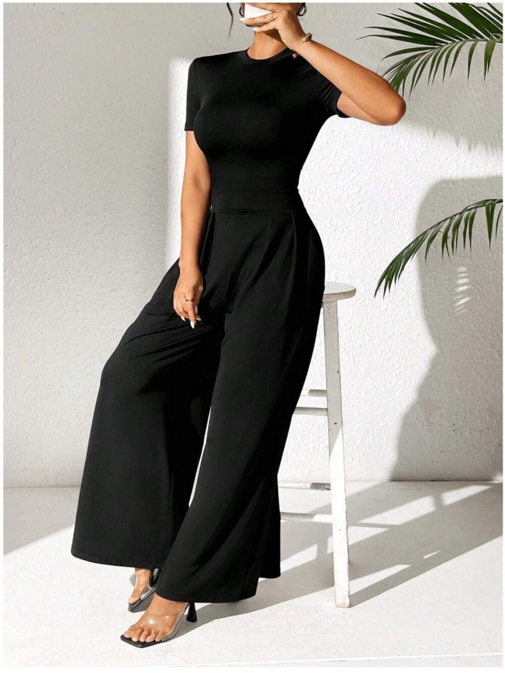 Petite Black Short Sleeve Wide Leg Jumpsuit Pockets Size Large - Picture 4 of 7
